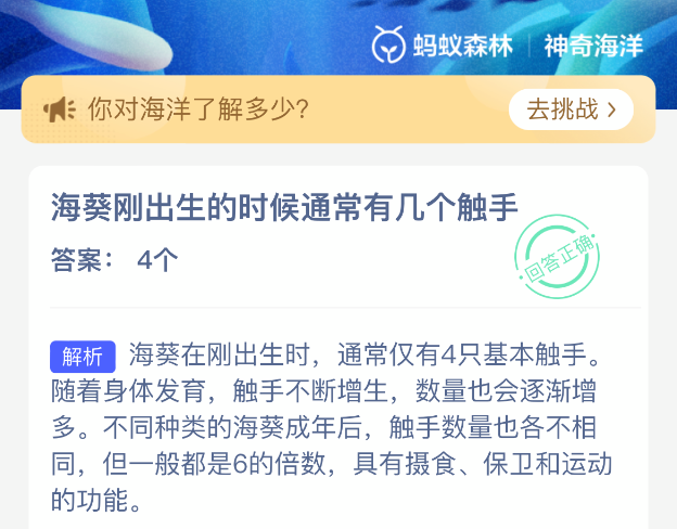 海葵刚出生的时候通常有几个触手